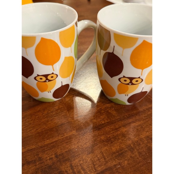Rachael Ray Little Hoot Owl Leaf Pattern Coffee Mug Cup Set of 2 - Picture 3 of 3